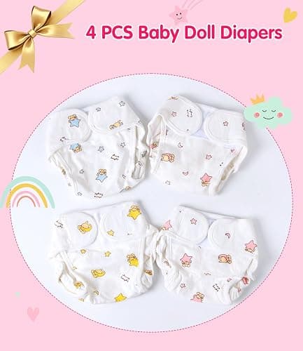Reborn Baby Doll Accessories, 4-Pack Reusable Diapers for 17-24 Inch Dolls | Soft cotton-blend doll diapers for nurturing play; reusable and hand washable. Four assorted prints ship at random. thumbnail 6