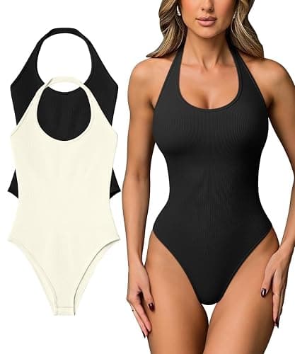 OQQ Women Halter Neck Bodysuits 2 Pack Sleeveless Shapewear One Piece Leotard Shirt Going Out Tops - Image 1