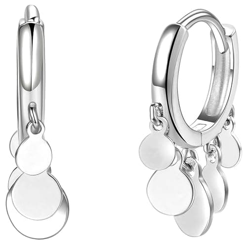 Coin Cluster Drop Mini Hoop Earrings [.925 Sterling Silver] - Dangle Disc Charms - Image 1