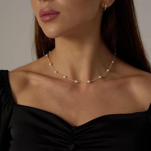 Sewyer Dainty Pearl Pendant Necklaces for Women 14K Gold Plated Handmade Layered Pearl Chain Necklace Delicate Layered Pearl Necklace Everyday Jewelry Gift thumbnail 5