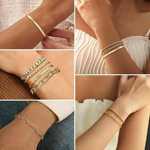 SEEDRILL Bracelets for Women Trendy Waterproof 316 Stainless Steel 18K Real Gold Plated Jewelry Sets Chunky Stackable Cuban Link Paperclip Herringbone Rope Chain Bracelet Pack Gifts Silvery/Gold-Tone thumbnail 3