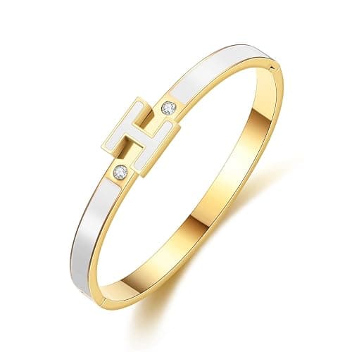 Hothink Gold Bracelets for Women, H Bangle Bracelet, Dainty 18K Gold Plated Stainless Steel Enamel Bracelet for Everyday, Work, Party, Stackable Gift for Mom, Wife, Girlfriend - Image 1