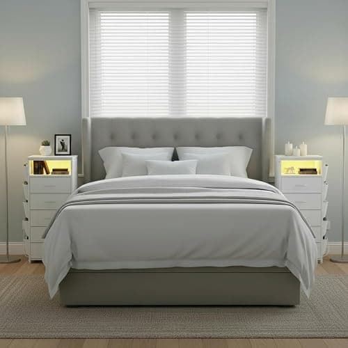 EnHomee Tall Nightstand Set of 2, Bedside Table with Charging Station and LED Light, Night Stand with Extra Side Bag & Hooks, Bedroom, Closet, Hallway, Entryway, White thumbnail 2