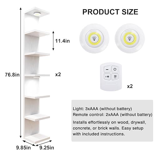 Fixwal 7 Tier Wall Shelf with LED Lights for Room Decor White, 2 Pack | 76.8in Tall, Holds 11Lbs per Tier, Flexible Section Installation, Fits Any Room Decor thumbnail 3