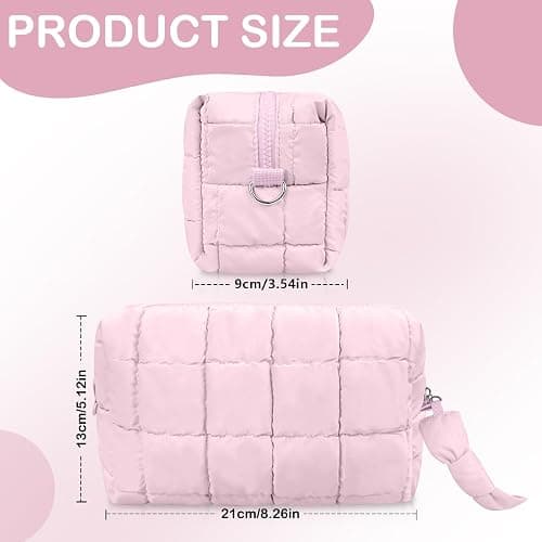 Gosect Puffy Quilted Makeup Bag, Cute Checkered Cosmetic Bags with Divider, Waterproof Travel Toiletry Bag, Make up Pouch for Women & Girls Travel Essentials (Bow, Pink, Medium) thumbnail 2