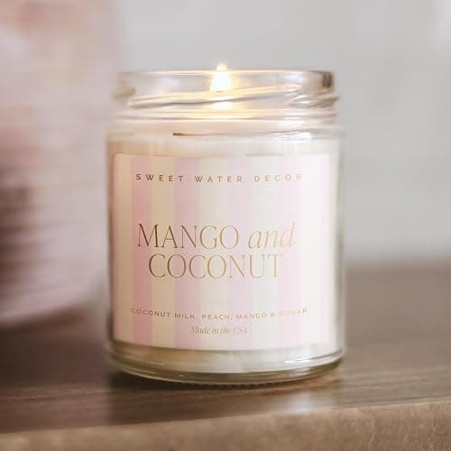 Sweet Water Decor Mango and Coconut Patterned Candle – Soy Candles with Pineapple, Mango, Orange, Peach – 40 Hour Burn – 9oz Clear Glass Jar – Ideal for Valentines Presents or Any Special Occasion thumbnail 6