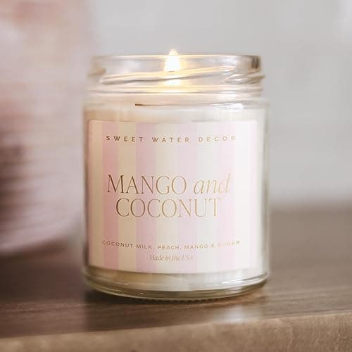 Sweet Water Decor Mango and Coconut Patterned Candle – Soy Candles with Pineapple, Mango, Orange, Peach – 40 Hour Burn – 9oz Clear Glass Jar – Ideal for Valentines Presents or Any Special Occasion thumbnail 5