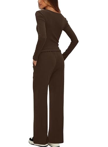 Darong Womens 2 Piece Matching Lounge Sets 2026 Long Sleeve Henley Shirts Wide Leg Pants Airport Travel Outfits thumbnail 2