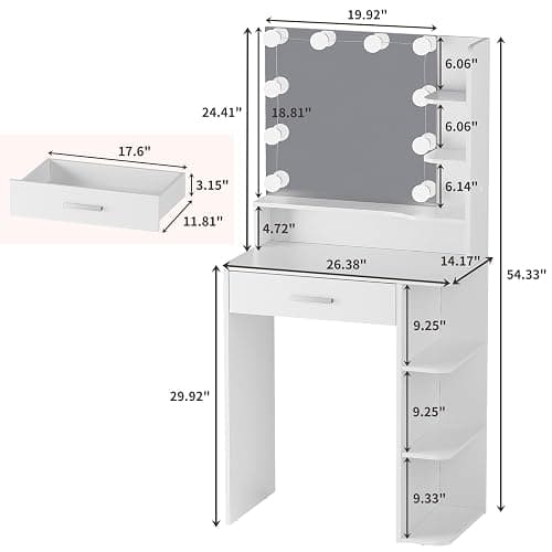 Neoriver Makeup Vanity Desk with Mirror and Lights, 26.4”Small Vanity Mirror with Lights with Large Drawer and 6 Level Storage, White Vanity with Large Led Mirror with 3 Color Lighting Modes (White) thumbnail 2