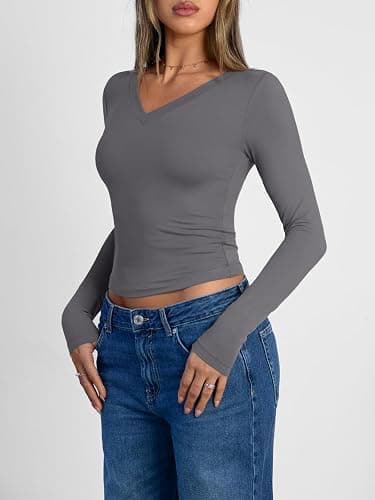 Trendy Queen Long Sleeve Shirts for Women 2026 Fall Fashion V Neck Basics Crop Tops Slim Fitted Y2K Tops Outfits Clothes thumbnail 3