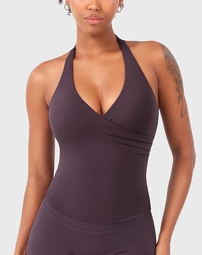 YEOREO Womens Halter Tank Tops Workout Impact Longline Strappy Top Padded Deep V Neck Wrap Gym Backless Bra Camisole thumbnail 5