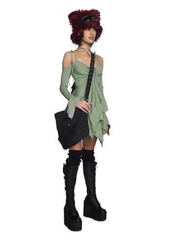 Dolls Kill F is for Fairies Dress by Current Mood | Fairycore Mini Dress with Off-Shoulder Sleeves, Tie Straps, and Ruched Bust thumbnail 2