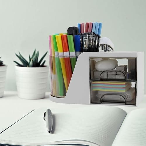 SZDPC Desk Organizer with Rotating Pencil Pen Holder and 2 Small Drawers, Desk Caddy for Office Workspace Organization and Storage (White) thumbnail 2