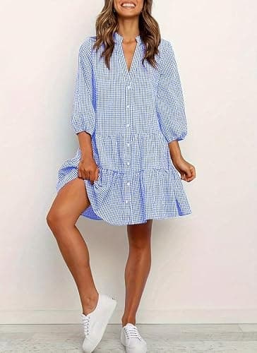 Women's Summer Casual Loose-Fit Button Down 3/4 Sleeve V Neck Cotton and Linen Plaid Loose Flowy Shirt Dress thumbnail 4