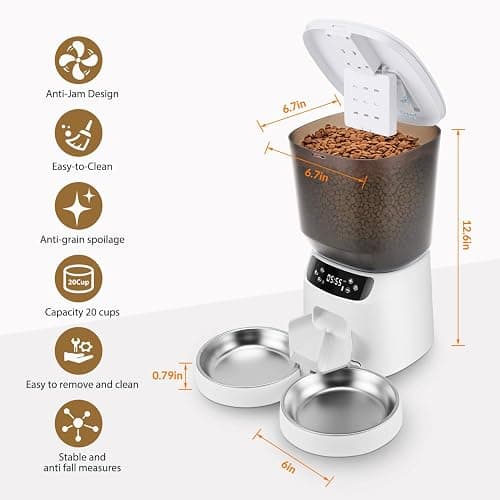 Automatic Cat Feeder and Water Fountain, 5L/20 Cups Timed Cat Dry Food Dispenser, 10s Meal Call, 20 Portions 6 Meals Per Day, 2L Cats Fountains for Drinking with Filter, Pet Feeder for Dog White thumbnail 2