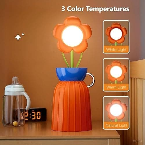 MARZIUS Rose Flower Desk Lamp - Infinite Dimming, Trichromatic Temperature, Rechargeable, Brightness Memory - Creative Decorative Ornaments with Adjustable Flowers (Purple) thumbnail 5