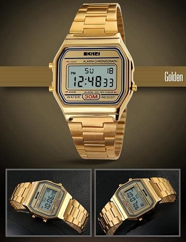 PASOY Men's Digital Gold Stainless Steel Watch Backlit Multifunction Stopwatch Waterproof Sport Watches thumbnail 4