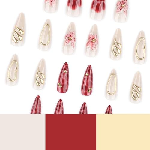 Flower Press on Nails Medium Almond Fake Nails with Gold Embossed Design Full Cover Stick on Nail Pink Floral False Nails Glossy Acrylic Nails for Women Nail Manicure Decoration 24 Pcs thumbnail 4