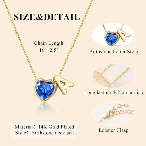 Esrial Heart Birthstone Initial Necklace for Women Girls,14K Gold Plated Heart Letter A-Z Necklace Birthday Trendy Jewelry Gifts for Women Girls Daughter thumbnail 5