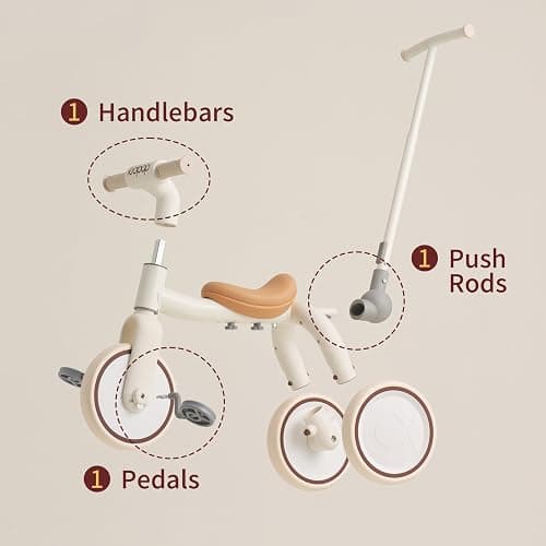 4-in-1 Toddler Tricycle with Adjustable Push Handle for 1-4 Year Old,Birthday Gift and Toy for Boys and Girls Removable Pedals Balance Bike&Scooter (Beige) thumbnail 6