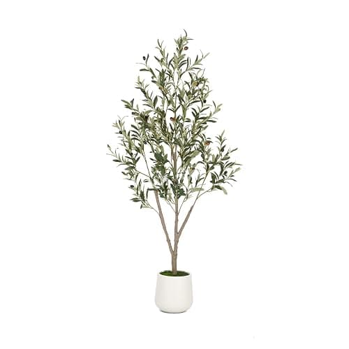 VIVATREES Olive Trees Artificial Indoor, 5FT Tall Faux Olive Tree with White Tall Planter, Artificial Plants with Natural Wood Trunk and Lifelike Fruits for Home Office Decor - Image 1