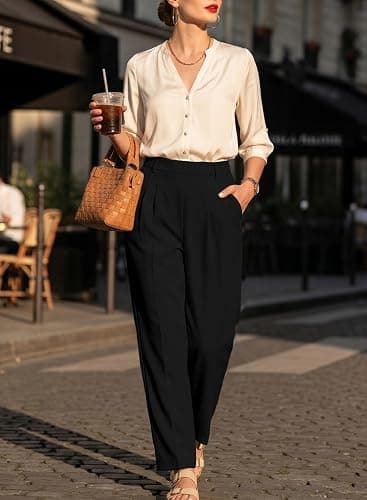 EVALESS Womens Wide Leg Barrel Pants with Pockets | Elastic High Waisted, Loose Fit, Business Casual Dress Trousers, Office Work Teacher Travel Slacks thumbnail 3