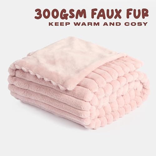OHS Faux Fur Ribbed Pink Throw, Winter Warm Thick Blanket for Bed Sofas Fleece Throws for Home Decorative Comfy Super Soft Couch Cover Throw, 125 x 150cm - Blush thumbnail 4
