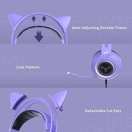 SOMIC G951S Purple Stereo Gaming Headset with Mic for PS4, PS5, Xbox One, PC, Phone, Detachable Cat Ear 3.5MM Noise Reduction Headphones Computer Gaming Headphone Self-Adjusting Gamer Headsets thumbnail 5