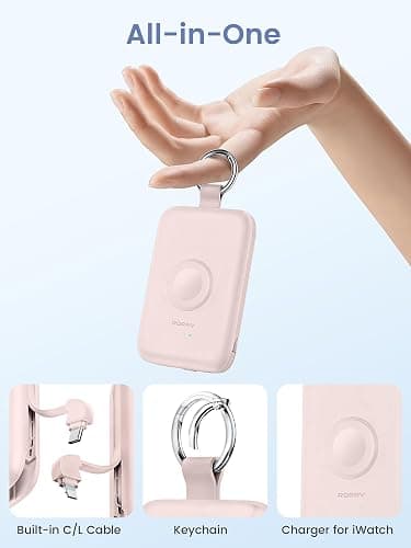 RORRY Portable Charger, 10000mAh PD 20W Fast Charging Portable Charger Power Bank with Built in Cables, Travel Battery Pack for iPhone 17/16/15/14/13/12 and Apple Watch Ultra/11/10/9/8/7/6/5, Pink thumbnail 2