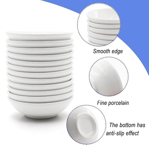 MARIWEI 12 Pack 1.2 Oz White Soy Sauce Dish Ceramic Dip Bowl Set, Mini Dip Sauce Bowl Set, Ceramic Mini Soy Sauce Plate, Porcelain Side Dish for Ketchup Sauce Plate, Soybean, BBQ, Party thumbnail 4