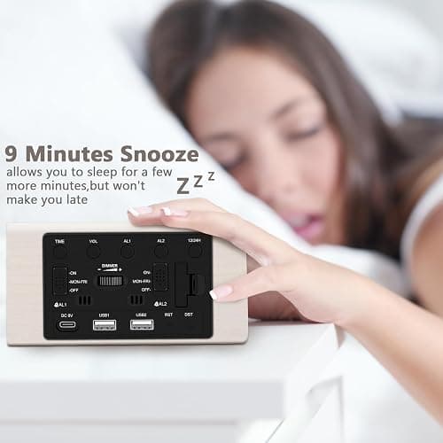 Kogonee Wooden Digital Alarm Clock, 0-100% Dimmer, 2 Alarm Settings, Weekday/Everyday Mode, 9 Mins Snooze, 12/24H, Temperature and Date Display for Office, Travel, Bedroom Alarm Clock (White) thumbnail 9