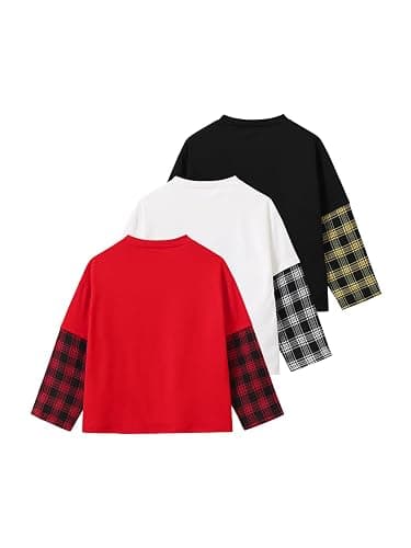 Fdqin Boys Shirts Star Letter Graphic Tee Tops Plaid Long Sleeve Clothes | 3-Piece Set, 7-16Y Teen, 2-in-1 Spliced, Soft Breathable, Crew Neck, Loose Fit, Spring Fall Casual Wear, Machine Washable thumbnail 6
