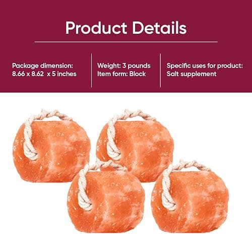 Glowyn Pink Himalayan Mineral Salt Block on Rope Pack of 4 (3lbs each) – 100% Organic Pink Salt Lick for Horses and Livestock. Deer Attractant with No Harmful Elements. thumbnail 6