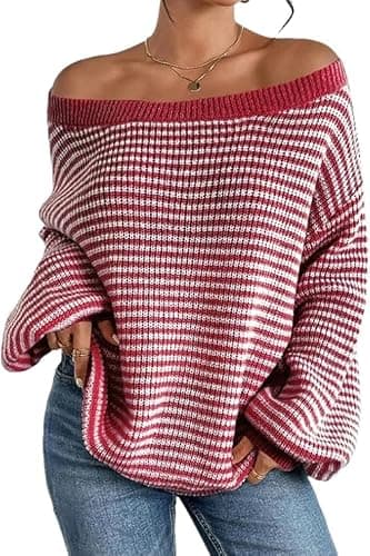 Women's Oversized Striped Sweater Casual Off The Shoulder Sweater Fall Long Sleeve Loose Knit Pullover Jumper Tops - Image 1