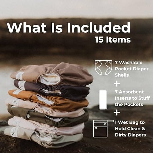 Nora's Nursery Cloth Diapers 7 Pack with 7 Inserts & 1 Wet Bag - Waterproof Cover, Washable, Reusable & One Size Adjustable Pocket Diapers for Newborns and Toddlers - Down to Earth thumbnail 3