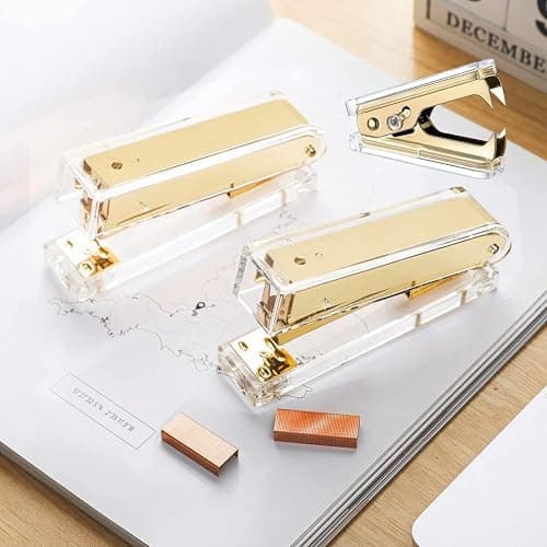 Acrylic Gold Tape Dispenser & Desktop Stapler, Includes Staple Remover, Tape, 1000pcs Staples - Cute Office Stapler Set for Modern Design Desk Accessory Kit thumbnail 7