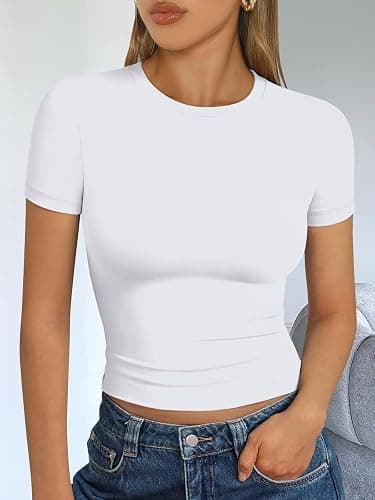Trendy Queen Womens Short Sleeve T Shirts Summer Crop Tops Basic Slim Fit Gym Workout Y2k Clothes thumbnail 6