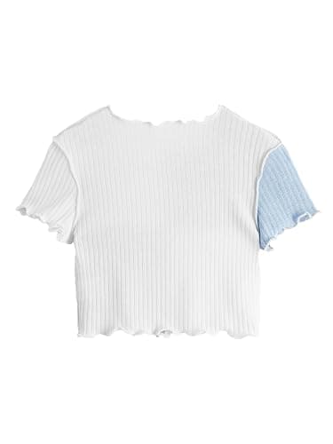 Milumia Girl's Rib Knit Color Block Crop Tee Short Sleeve Lettuce Trim Crewneck Tshirt thumbnail 3