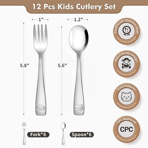 DRKIO Stainless Steel Toddler Utensils Set - 12 Pieces Kids Silverware Set Children Safe Food Grade Small Forks and Spoons Dishwasher Safe Mirror Polished thumbnail 3