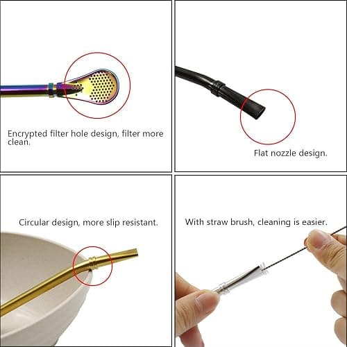 Stainless Steel Straw Filter Spoon, Yerba Mate Bombilla, Loose Leaf Tea Strainer, Tea Straw for Drinking Coffee, Cocktail, Pack of 5 with Cleaning Brush (5 colors) thumbnail 4