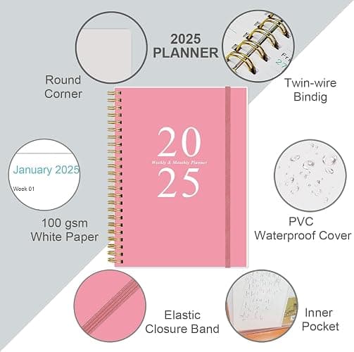 2025 Planner - Weekly & Monthly Planner Spiral Bound, Planner 2025 from January 2025 - December 2025 with Monthly Tabs, Inner Pocke, 6.4" x 8.5", Pink - 6.4" x 8.5" - Pink thumbnail 2