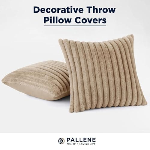 Pallene Faux Fur Plush Throw Pillow Covers 18x18 Set of 2, Luxury Soft Fluffy Striped Decorative Pillow Covers for Sofa, Couch, Living Room, Khaki thumbnail 9