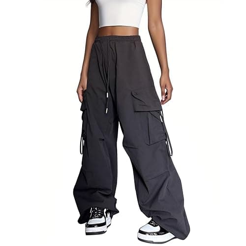 Xinor Baggy Parachute Pants for Womens Wide Leg Cargo Pants Y2k with Pockets Boyfriend Harajuku Streetwear Goth thumbnail 5