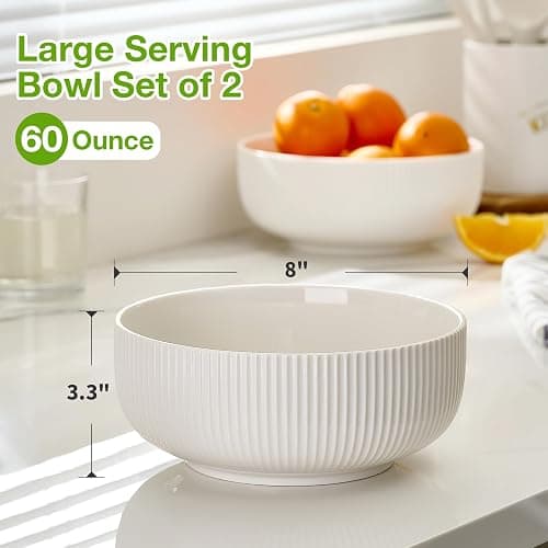 Mfacoy 2 Pack Salad Bowl, 8 inch 60 oz Large Serving Bowl Set, Deep Bowl for Kitchen, White Ceramic Bowl Set for Soup, Cereal, Ramen, Pasta, Salad, Dishwasher & Microwave Safe, Easy Clean thumbnail 3