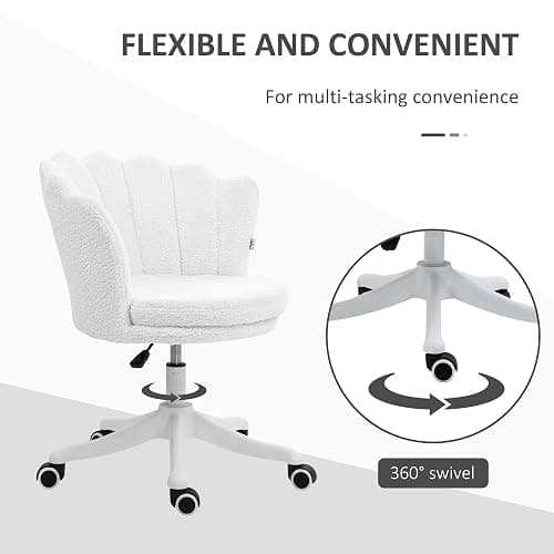 HOMCOM Mid Back Berber Fleece Office Chair, Adjustable Height Study Chair, Vanity Chair with Swivel Wheels for Living Room, Study, White thumbnail 5