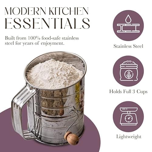 Bellemain 3 Cup Flour Sifter for Baking Fine Mesh Rotary Hand Crank with Loop Agitator for Quick Sifting, Flour Sifter Stainlees Steel thumbnail 6