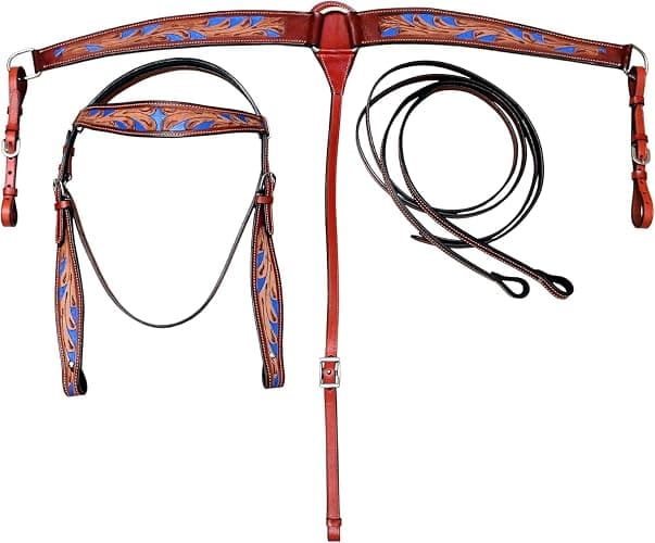 Royal Reins Leather Western Barrel Show Saddle Tan and Blue Dual Color Western Riding Saddle for Horse Durable Leather Comfortable Seat Secure Fit Equestrian Tack thumbnail 7