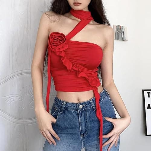 SIQITECHNO Womens Sexy 3D Flower Rosette Asymmetrical Hem Ruffled Tube Top Backless Pleated Bandeau Tank Top Crop Halter Tops thumbnail 6