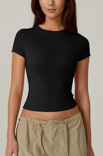 QINSEN Women's Crew Neck Short Sleeve Double-Layer Tops Basic Slim Fit Going Out T Shirt thumbnail 2
