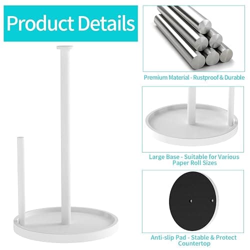 Paper Towel Holder Countertop, Standing Paper Roll Holder with Anti Slip Weighted Base, Stainless Steel Freestanding Paper Towel Holder for Kitchen, White thumbnail 6
